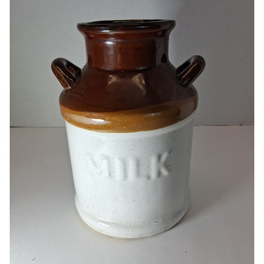 VTG Stoneware Milk Jug Crock Brown White Farmhouse Country Reproduction 1970-80s